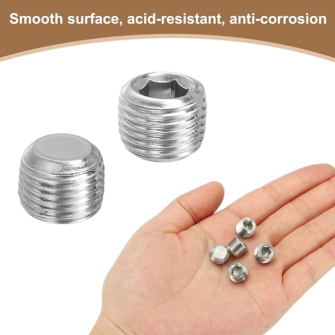 Pipe Plug Stainless Steel Internal Hex Thread Socket Pipe Plug Fitting - Fitting for (Sealing Port - Air Tanks - Water Outlets) 1/8 Inch NPT Male & 6 Pack
