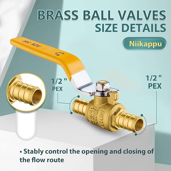 40 Pack Ball Valves, 1/2" Pex Crimp Shut Off Valve Yellow, Brass Full Port Pex B Shut Off Ball Valve for Hot and Cold Water, NSF/ANSI 61 Certified