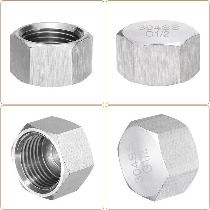 uxcell 2pcs Hex End Cap 304 Stainless Steel Nut with Washer, G1/2" Female Thread Pipe Fitting, Gas Line Water Line Stop Valve Cap Tubing Ends for Plumbing Fittings, Silver Tone