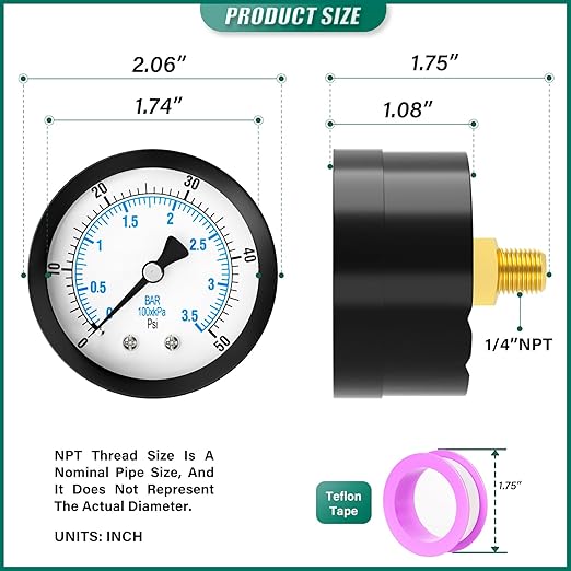 0-50PSI Well Pump Pressure Gauge 2" Dial Size, 1/8" NPT Back Mount, 3-2-3% Accuracy, for Tube, Water Pump, Gas, Liquid, Pressure Test