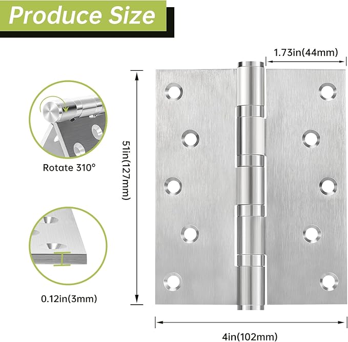 5" Ball Bearing Door Hinges 3 Pack, Heavy Duty Stainless Steel Hinge 5 x 4 Inch for Interior Exterior Doors, with Stainless Steel Screws, Silver