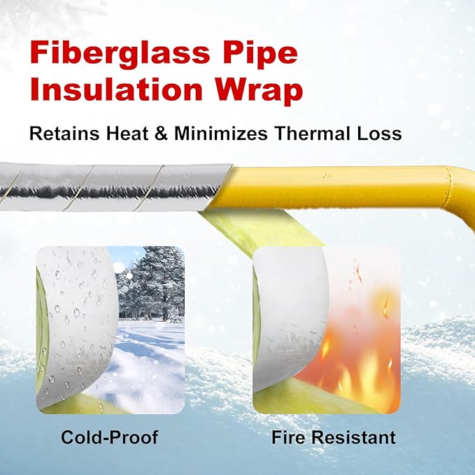 HEATIT Foil-Backed Fiberglass Pipe Wrap, Pipe Insulation Wrap for Outdoor,Foam Wrap for Freezing Weather Protection,3" Wide x 1" Thick x 25' Long (2Pack)