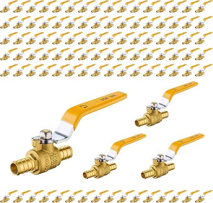 100-Pack Foskan 3/4 Inch PEX Crimp Full Port Ball Valve with Yellow Handle, Brass Quarter Turn Shut-off Valve for PEX Tubing