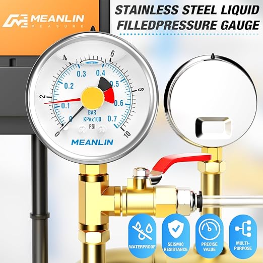 MEANLIN MEASURE 0~10Psi Stainless Steel 1/4" NPT 2.5" FACE DIAL with Reset Pointer Liquid Filled Pressure Gauge WOG Water Oil Air, Lower Mount, with Brass Hex Bushing