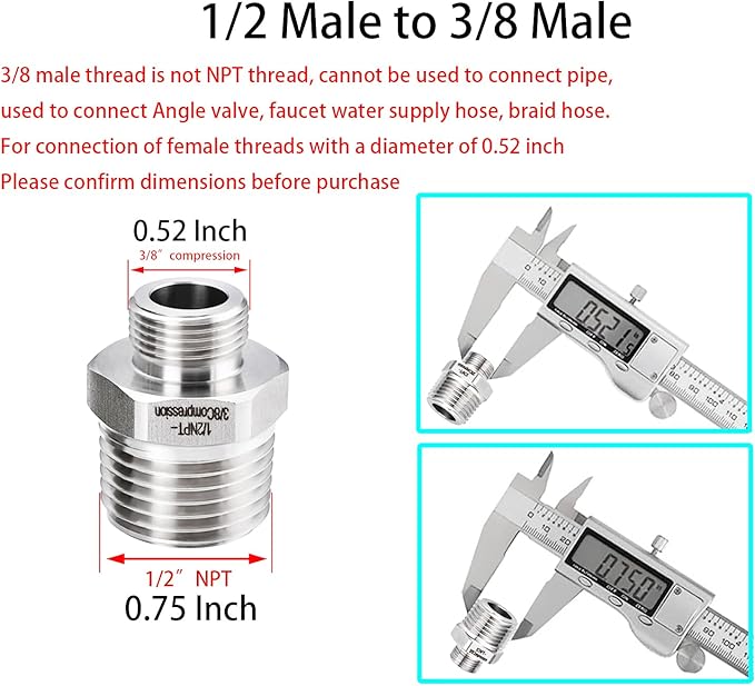 1/2 to 3/8 RV Faucet Adapter, 304 Stainless Steel 3/8 Male to 1/2 Male Compression Reducer Fittings, Water Line Supply Adapter for RV Kitchen, Water Hose Pipe Connector with Rubber Washer(2 Pack)
