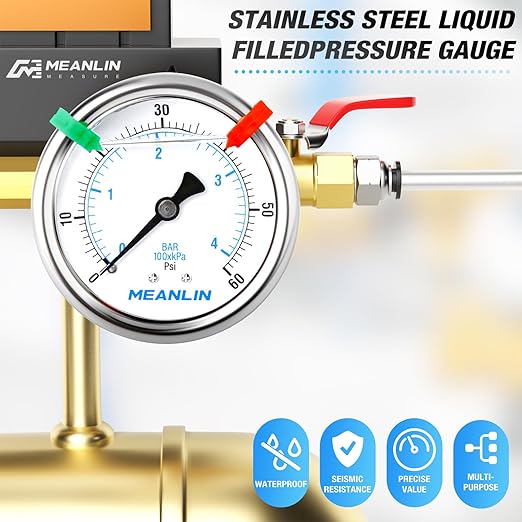 MEANLIN MEASURE 0~60Psi Liquid Filled Pressure Gauge 1/4" NPT 2.5" FACE DIAL Stainless Steel Glycerin Filled WOG Water Oil Air Back Mount (with 2PCS Snaps)