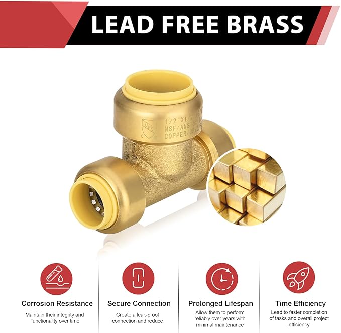 Push-Fit Fitting Tee 1/2" x 1/2"x 3/4” to Connect Pex, Copper, CPVC Pipe with Two Size Disconnect Tool Clips,(PF134),(PF134)