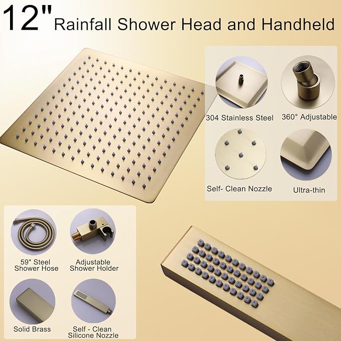 Temperature Display Rain Mixer Shower Faucet Set with 6 pcs Body Jets 12 inch Square Rainfall Shower Head with Handheld Spray Wall Mounted Rough-in Valve and Trim Included,Brushed Gold
