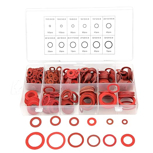 Fiber Flat Washers, Washer Assortment, Insulation Assorted Fiber Washers, High Temperature Rubber Flat Washer, Red Steel Washer Plumbing Kit with Plastic Box, 600pcs, 12 Sizes