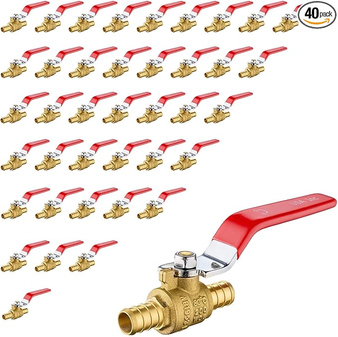 40 Pack Ball Valves, 1/2" Pex Crimp Shut Off Valve Red, Brass Full Port Pex B Shut Off Ball Valve for Hot and Cold Water, NSF/ANSI 61 Certified
