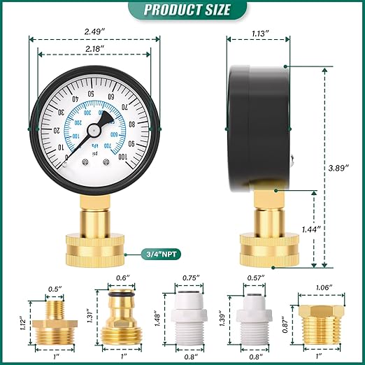0-100PSI Water Pressure Gauge Kit, 2.5" Dial Size, 3/4" Brass Female Lower Mount, with Sealing Ring, Plus 5 adapters, for Checking Gardens, Water Pipes, Multiple Systems