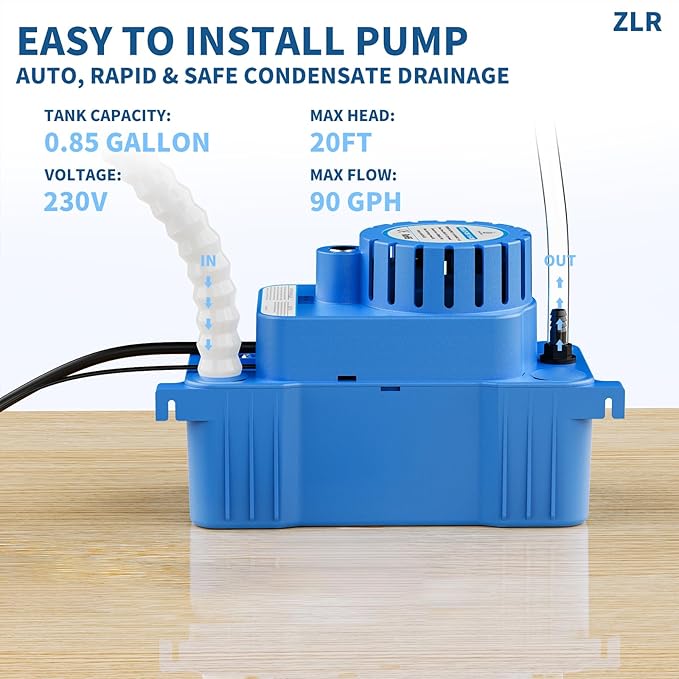 ZLR Condensate Pump for HVAC - 230V 90GPH 1/30HP Automatic Condensate Removal Pump with Safety Switch, Indicator Light and Cleaning Button - Condensation Pump for Air Conditioner, Dehumidifier