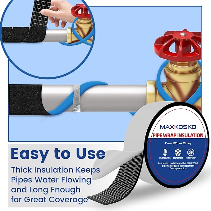 MAXKOSKO Pipe Insulation Tape, 13 Ft x 2 in Outdoor Water Pipe Wrap Insulation Roll, Foam Insulated Wrap Self-Adhesive for Pipe Freeze Protection, Heat Tape for Water Pipes, Copper PVC AC Line
