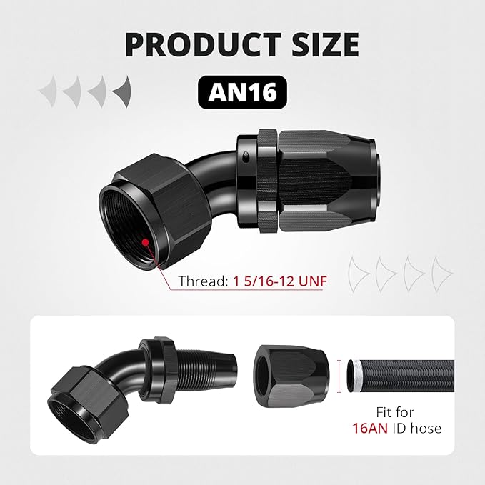 EVIL ENERGY 16AN Hose End Fitting 45 Degree Swivel for CPE Braided Hose Black 2PCS