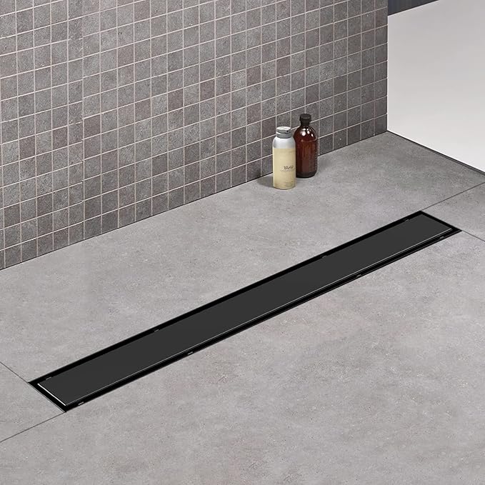 Linear Shower Drain, 60 inch Black Drain with Tile Insert 2-in-1 Panel, Brushed 304 Stainless Steel Shower Floor Drain, Linear Drain with Hair Strainer and Adjustable Feet