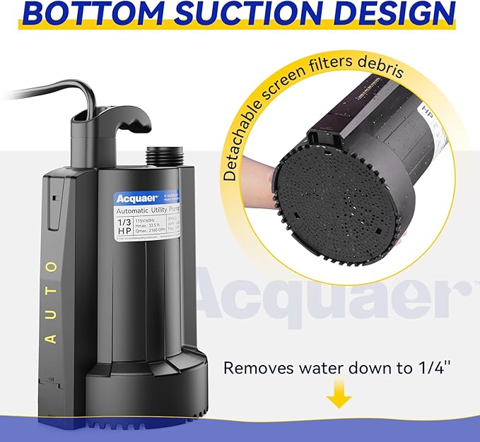 Acquaer 1/3 HP Automatic Submersible Water Pump, 115V Sump Pump with 3/4” Garden Hose Check Valve Adapter,2160 GPH High Flow Water Removal for Swimming Pool Cover Hot Tubs Flooded House Basement
