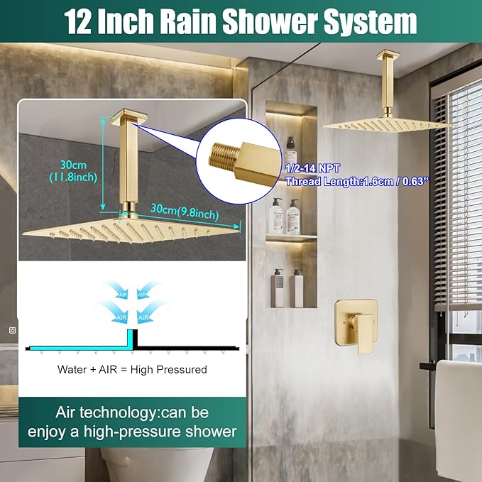 Heyalan Shower Faucet Set Square Stainless Steel Bathroom Rainfall Shower System One Handle Single Function Shower Trim Kit with Rough-in Valve Male Thread,Ceiling Mount,12 Inch,Brushed Gold