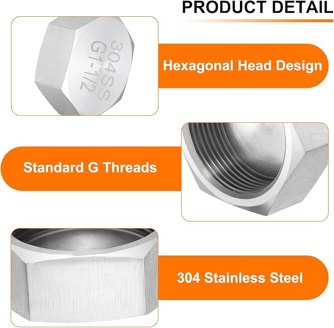 uxcell Hex End Cap 304 Stainless Steel Nut with Washer, G1-1/2 Female Thread Pipe Fitting, Gas Line Water Line Stop Valve Cap Tubing Ends for Plumbing Fittings, Silver Tone