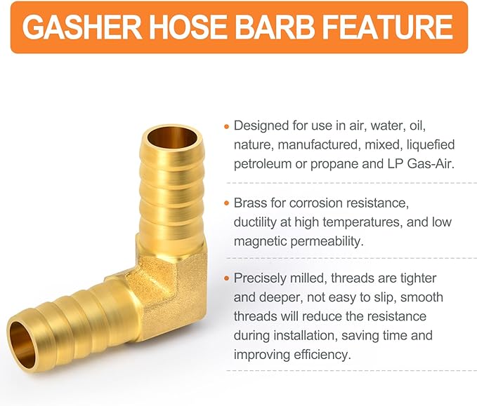 GASHER 20 Pieces Brass Hose Barb Reducer, 3/4 Inch to 3/4 Inch Barb Hose ID 90 Degree L Right Angle Elbow with 40 Hose Clamps, Brass Barb Reducer SPLICER Fitting Fuel/AIR/Water/Oil/Gas/WOG