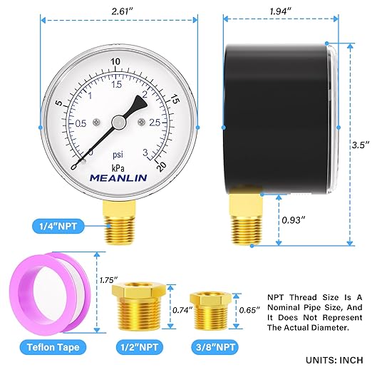 MEANLIN MEASURE 0-3Psi Diaphragm Type Capsule Low-Pressure Gauge, Water Column Gauge, 2.6" Dial, 1/4" NPT, Rear Adjustable Knob, with 1/2" NPT and 3/8" NPT Hex Bushing, Lower Mount