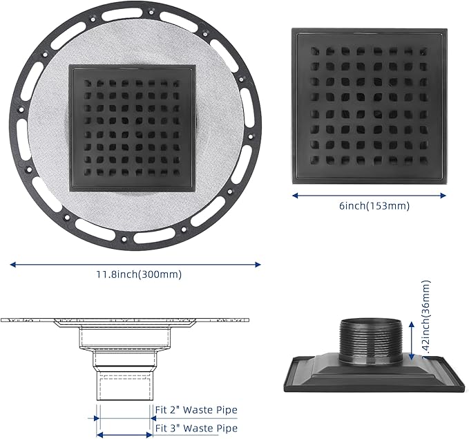 Square Shower Drain, 6-Inch Matte Black Kit with Bonding Flange, Removable Stainless Steel Grate & Hair Strainer, Fits 2" & 3" Pipes for Tiled Floors