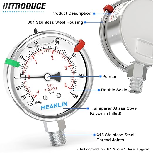 MEANLIN MEASURE -30inHG~60Psi Vacuum Pressure Gauge 316 Stainless Steel Joint 1/4"NPT 2.5"FACE DIAL, Liquid Filled Pressure Gauge WOG Water Oil Air Lower Mount with Stainless Steel Hex Bushing, Snaps
