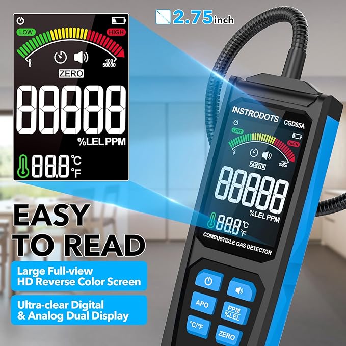 Natural Gas Detector, Gas Leak Detector with Audible & Visual Alarm, Rechargeable Gas Sniffer with 11.3-inch Gooseneck, Locating Propane, Natural Gas, Combustible Gas Leak for Home and RV