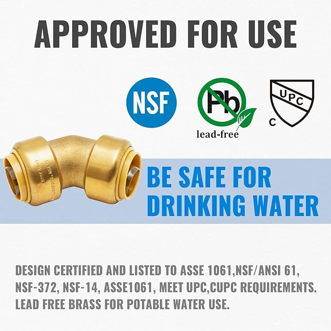 SUNGATOR 3/4 Inch 45 Degree Elbow, No Lead Brass Plumbing Fittings Push to Connect PEX Pipe, Copper, CPVC, PE-RT, with 1 Disconnect Clip, Pack of 3