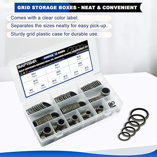 Bonded Seal Washer, NBR Metric Metal Automotive Sealing Washers Assortment Kit, 245PCS Self-Centred Sealing Rubber Gasket Combination Fit 12 Size M6 M8 M10 M12 M14 M16 M18 M20 M22 M24 M27 M30