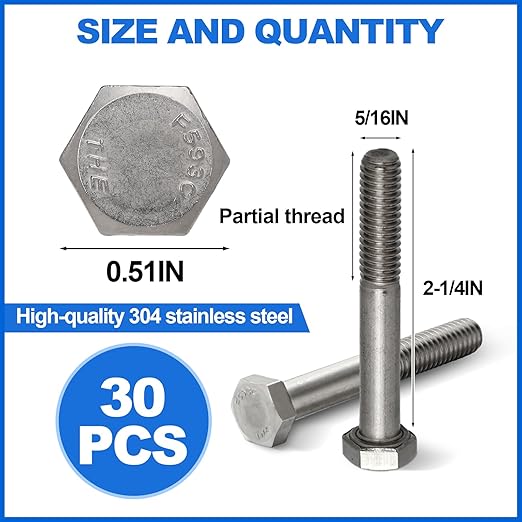30 Pack 5/16-18 x 2-1/4'' Hex Head Cap Screw Bolt 304 Stainless Steel Half Thread External Hex Drive Screw Bolt Fastener for Wet Outdoor Metal Framing Concrete Reinforcement Trellises