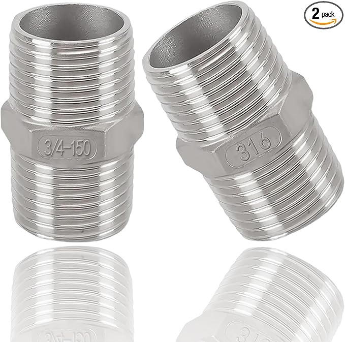 3/4" Male to 3/4" Male Hex Nipple Adapter, 316 Stainless Steel 3/4 Inch NPT Threaded Pipe Fitting, Heavy Duty Coupling for Plumbing Systems, Oil, Gas & Steam (2-Pack)