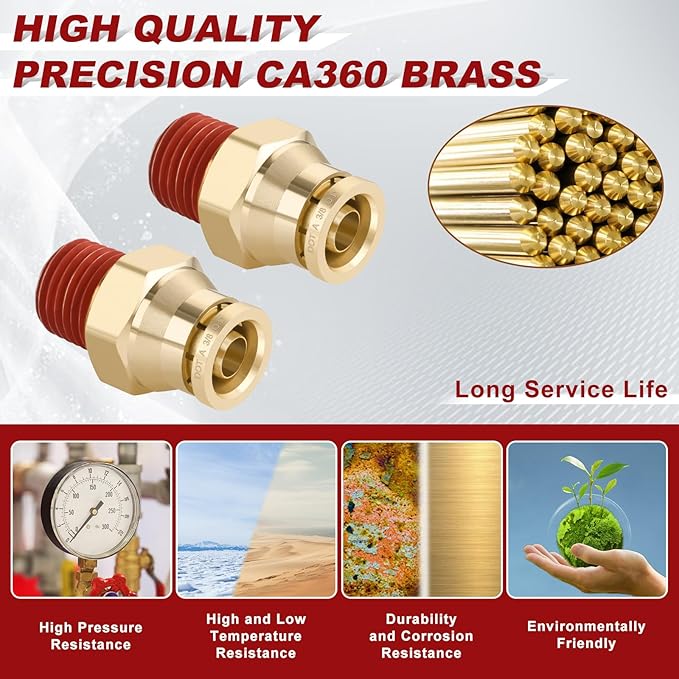 3/8" Quick Push to Connect Fittings Brass Union Straight Joint DOT Approved 3/8" Tube OD x 1/4" NPT Thread Air Line Adapter Air Suspension Kit for Truck Trailers and Air Brake System 4pcs