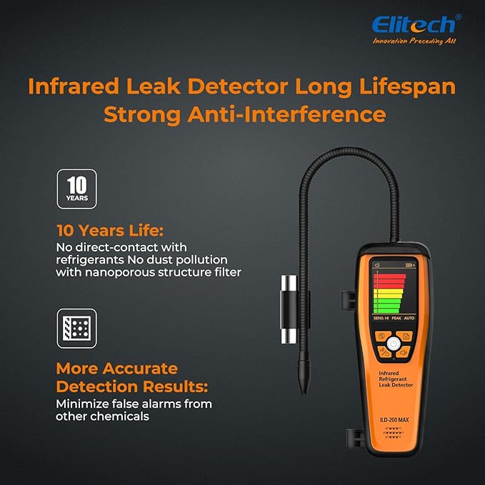 Elitech Infrared Refrigerant Leak Detector ILD-200 max High-Precision HVAC/R Leak Detection, 10-Year Sensor Lifetime, 1g/a Ultra-Low Detection, 4 Sensitivity Levels, TFT Display & Sound Alarm
