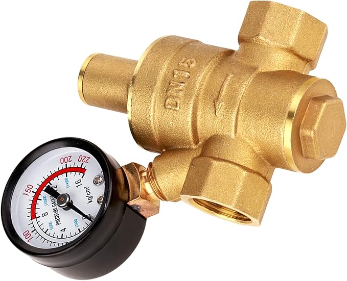 Water Pressure Regulator Valve, DN15 Brass RV Adjustable Water Pressure Reducer With Meter for RV Travel Trailer