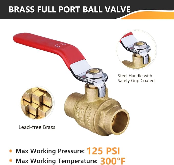 2-Pack HeSun 1/2 Inch Sweat Ball Valve, Brass Full Port Shut-off Valve,1/2" SWT x 1/2" SWT, 600 WOG (Water, Oil and Gas),Red(VALVE044-2)