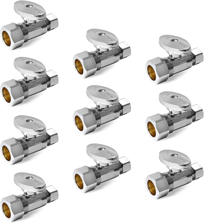 10-Pack EFIELD Straight Stop Valve 1/2" Nominal (5/8" OD) Compression x 3/8" OD, 1/4-Turn, Chrome Plated Brass,(VALVE122)