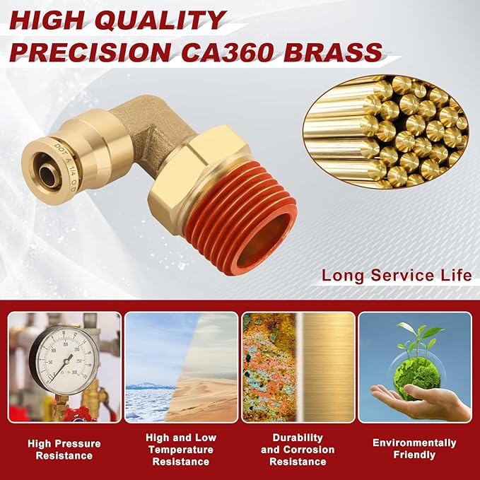 1/4" Quick Push to Connect Fittings Brass 90 Degree Union Swivel Elbow Joint DOT Approved 1/4" Tube OD x 3/8" NPT Thread Air Brake Line Adapter Air Suspension Kit for Car Truck Trailers 2pcs