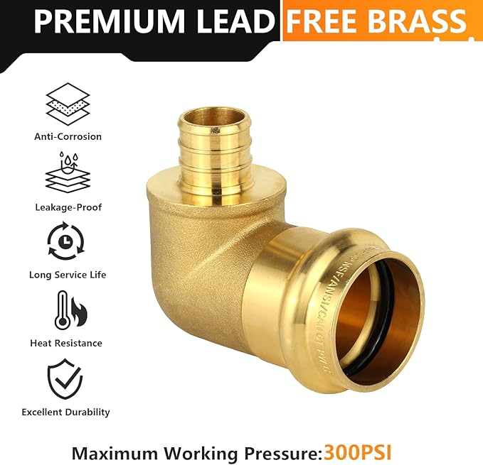 30-Pack HeSun Copper Press Fitting Elbow, 1" PRESS X 3/4" PEX F1807 Crimp Elbow, LF Brass