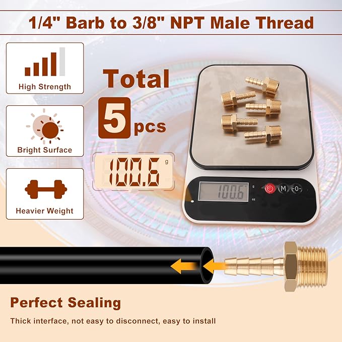 5pcs Brass Hose Barb Fittings 1/4 Inch Barb to 3/8 Inch NPT Male Thread Air Hose Fittings Adapter Connector Water Fuel Air Line Fittings 1/4” Barb × 3/8” NPT Brass Fittings