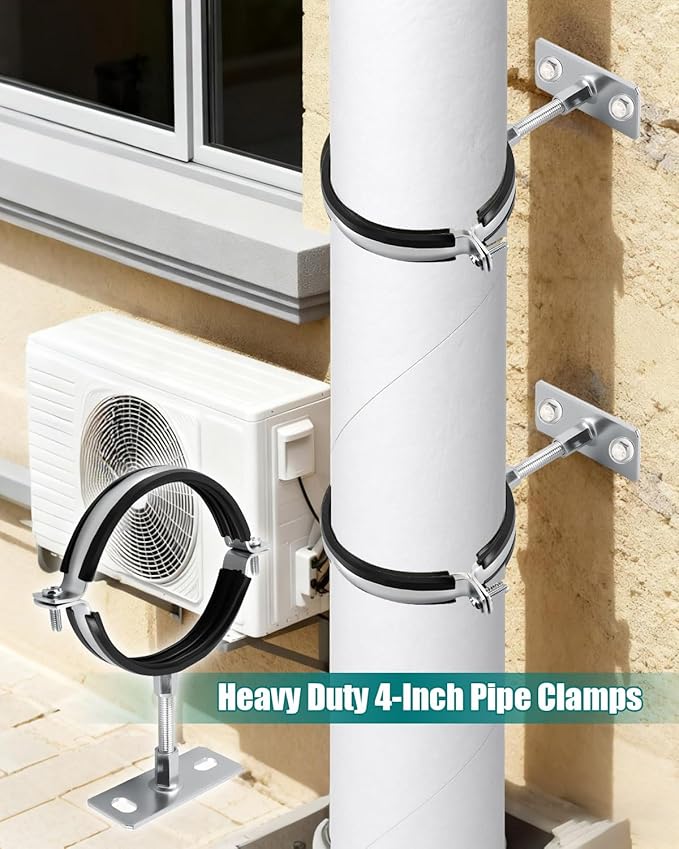2 Pack 4 Inch Pipe Support Clamps Mount with Rubber Pad, Industrial Galvanized Steel Hanger Brackets for Ventilation & Drainage Systems