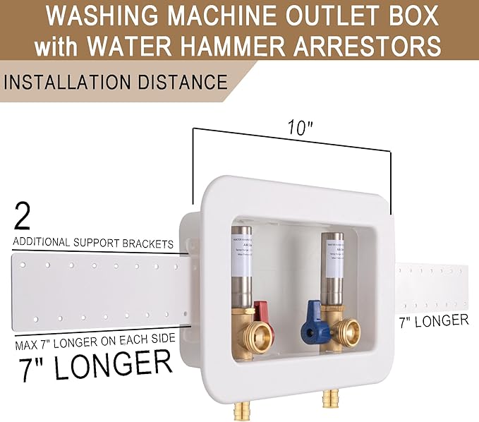 [1 Piece] Lingmfg Washing Machine Outlet Box PEX-A Expansion with Hammer Arrestors and 2 inch Central Drain, 1/2 inch PEX-A Expansion, Connection 3/4 inch Washing Machine Hoses LING-WMOB-W-SSWHA-3