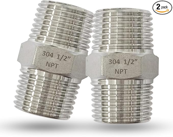 2pcs 1/2 inch Male Pipe Hex Nipple, 304 Stainless Steel MNPT Threaded Short Equal Nipple Connector, Heavy Duty Straight Male Pipe Fitting Adapter (1/2",2pcs)