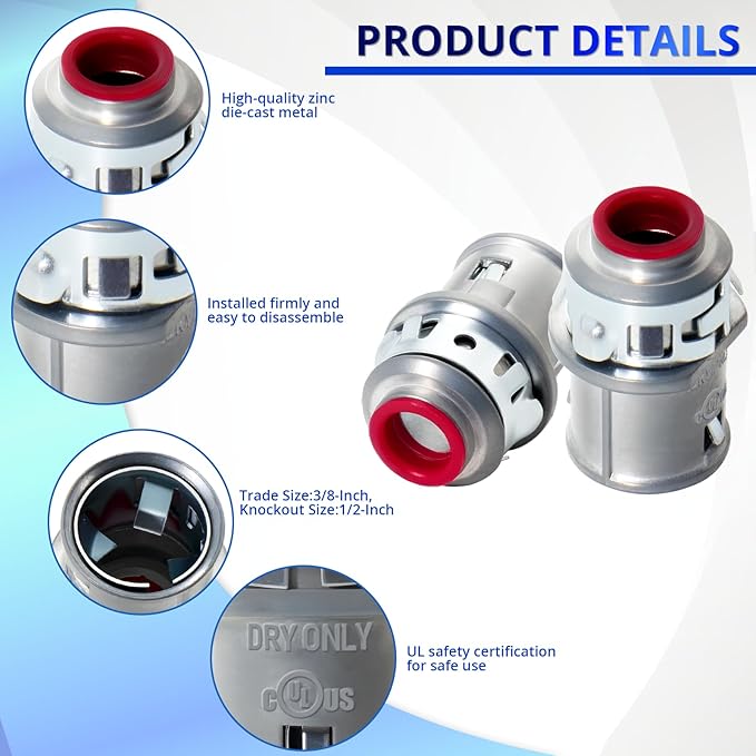 MAKERELE 3/8" Snap-in MC Connector for Steel & Aluminum MC/AC Cable - Fits 14/2 to 10/3 Metal-Clad Cable, 1/2" Knockout, Insulated Throat, Zinc Steel Electrical Conduit Fitting (40 pack)