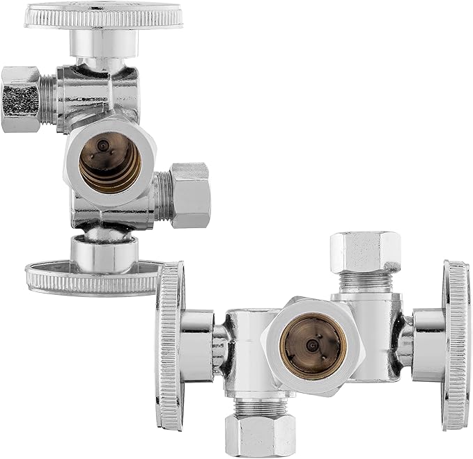 2-PCs HeSun Dual Shut Off Angle Valve, 1/2" Nominal (5/8"OD) x 3/8" OD x 3/8" OD Compression, 1/4-Turn Stop Valve with 2 Shut Off, PEX Chrome Plated Brass(VALVE134-2)