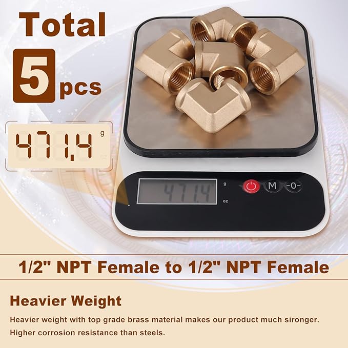 5pcs 1/2” Brass Fittings 90 Degree Barstock Street Elbow 1/2 Inch NPT Female Pipe to 1/2 Inch NPT Female Pipe Fittings Elbow Forged Brass Pipe Fittings