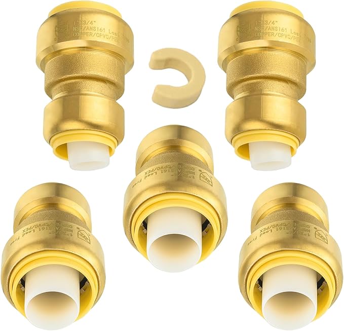 (Pack of 5) Niikappu 1" x 3/4" Reducing Coupling Brass Fittings, Push-to-Connect Plumbing Fitting for Pex, Copper, CPVC, Includes Removal Clip(PF144-5Pack)