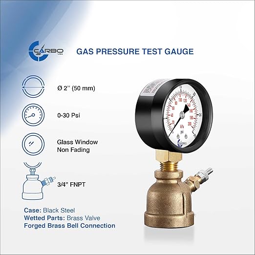 Gas Test Pressure Gauge 30 Pound, 30 PSI / 200 kPa, 3/4” FNPT Connection, Brass Valve, Forged Brass Bell Shape Body Assembly.