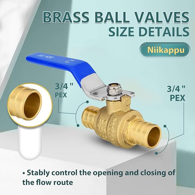 8 Pack Ball Valves, 3/4" Pex Crimp Shut Off Valve Blue, Brass Full Port Pex B Shut Off Ball Valve for Hot and Cold Water, NSF/ANSI 61 Certified