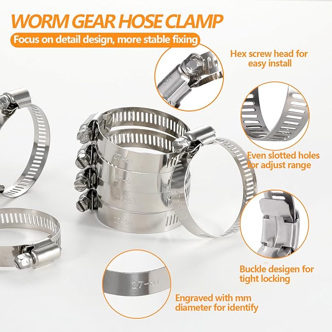 10 Pack Worm Gear Hose Clamp, Adjustable Range from 1 Inch to 2 Inch (27-51mm) Stainless Steel Fuel Line Hose Clamps, Metal Fuel Line Hose Clamps for Automotive Plumbing And Mechanical Application