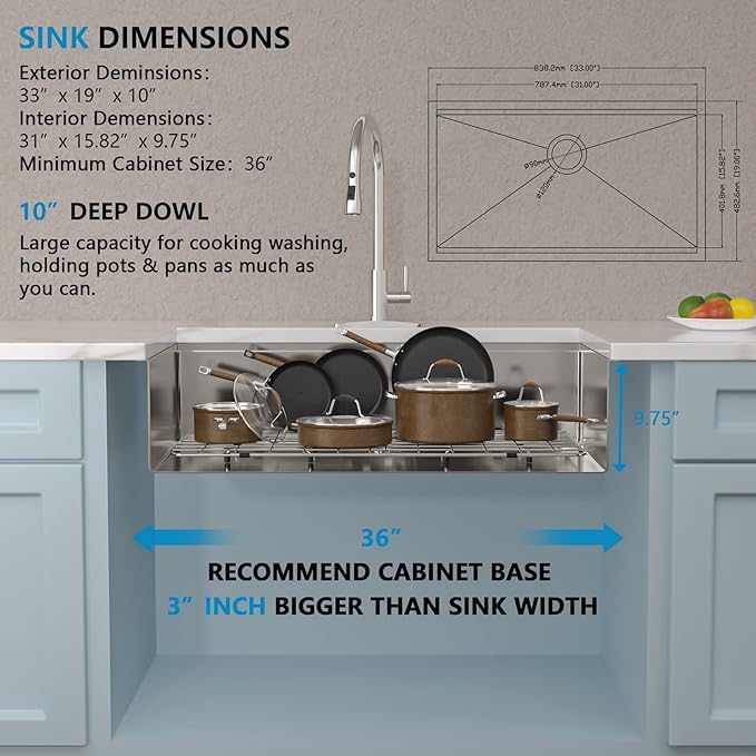33 Undermount Kitchen Sink - Fulorni 33"x19" Kitchen Sink Ledge Workstation 16 Gauge 304 Stainless Steel Under Counter Single Bowl Basin